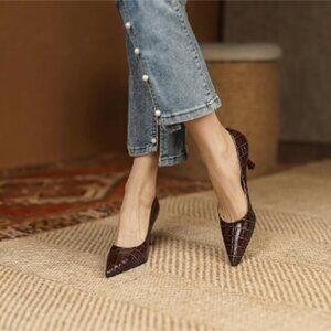 FOWT Brown Solid Croc-Embossed Pointed Toe Women Dressy Slip on MId Heels Pumps